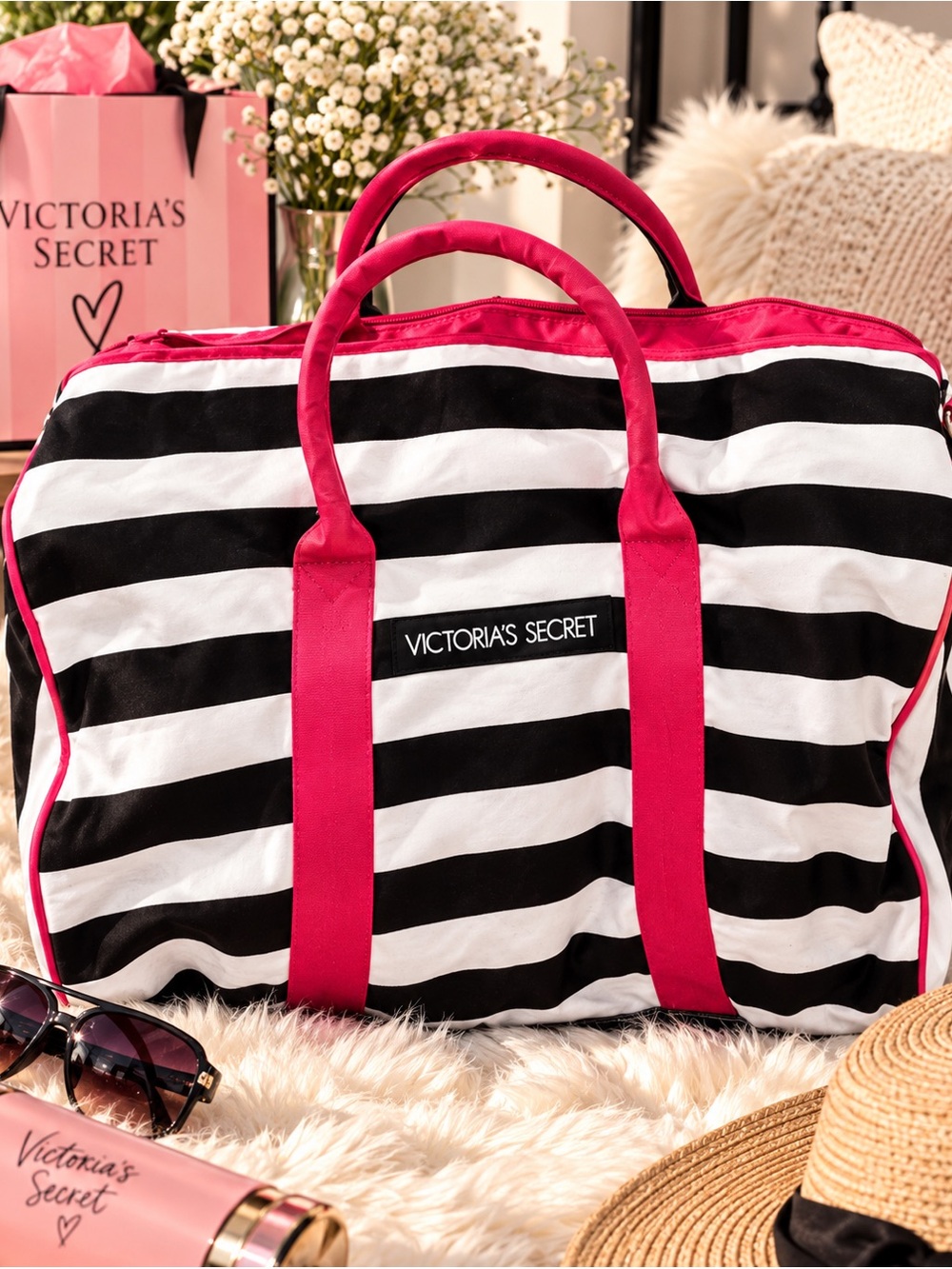 Victoria's Secret Black and White Striped Travel Bag with Pink Trim